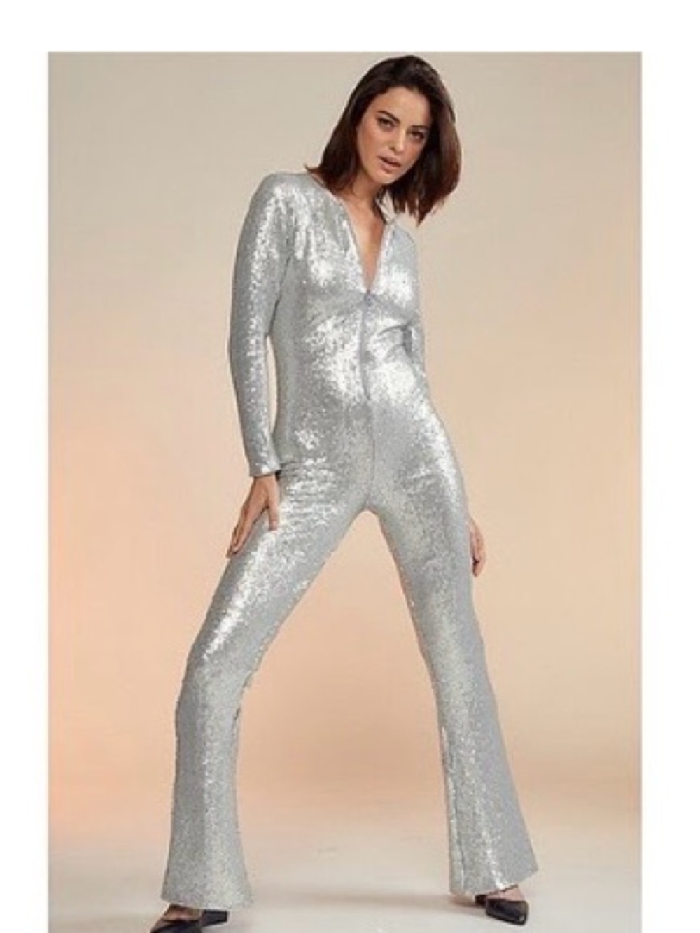 Cynthia Rowley Silver Sequin Long-Sleeve Jumpsuit